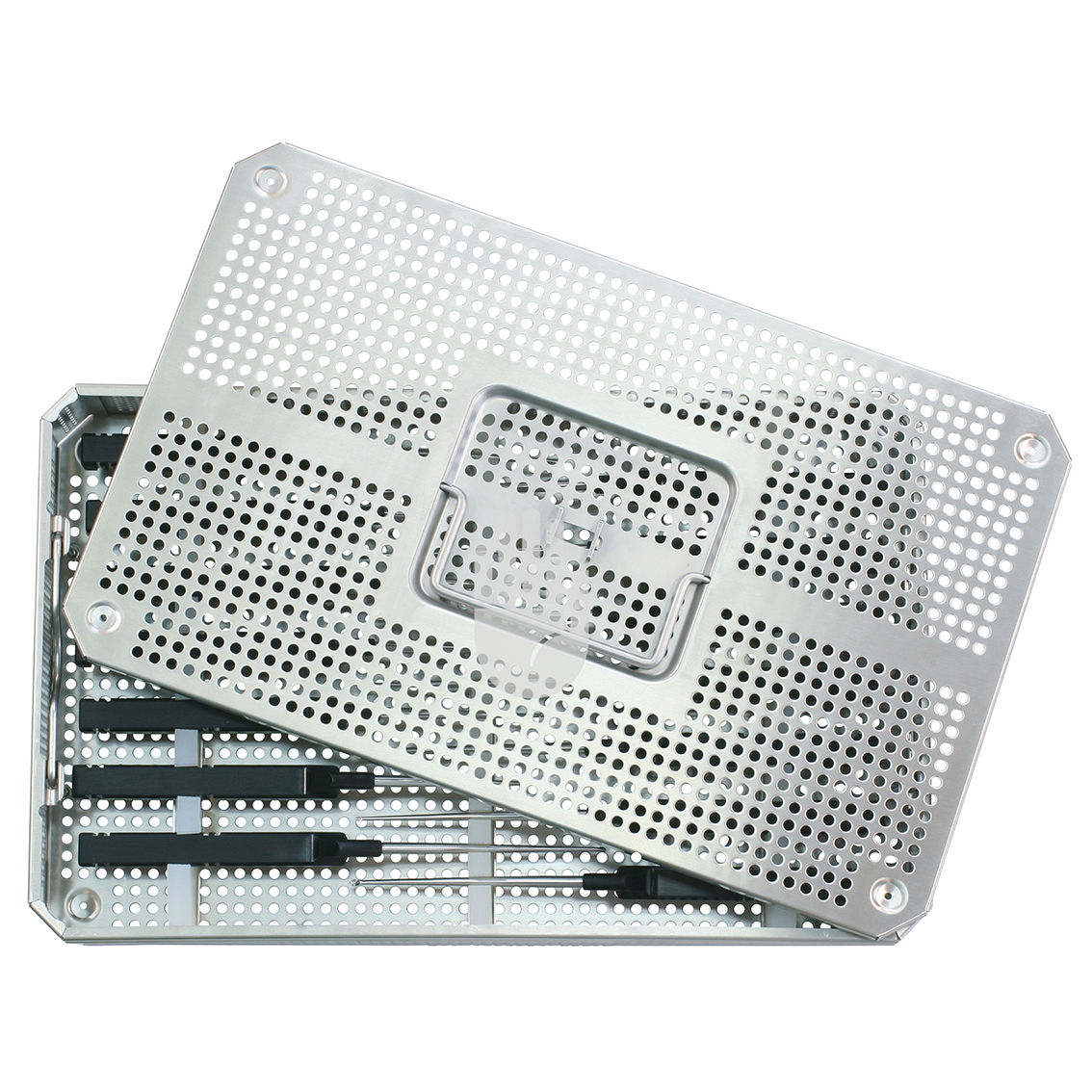 HB1539-01 HB1539-01  ~ Siebkorb aus Edelstahlblech, mit Fallgriff, stapelbar, für 14 Cervical Küretten ~